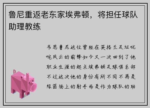 鲁尼重返老东家埃弗顿，将担任球队助理教练